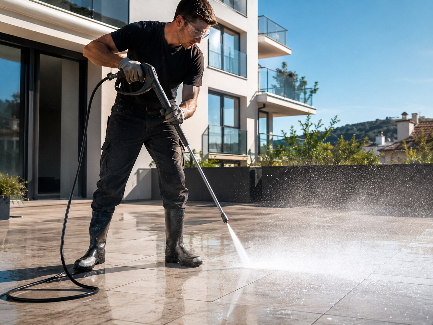 Nettoyage haute pression terrasse chantier